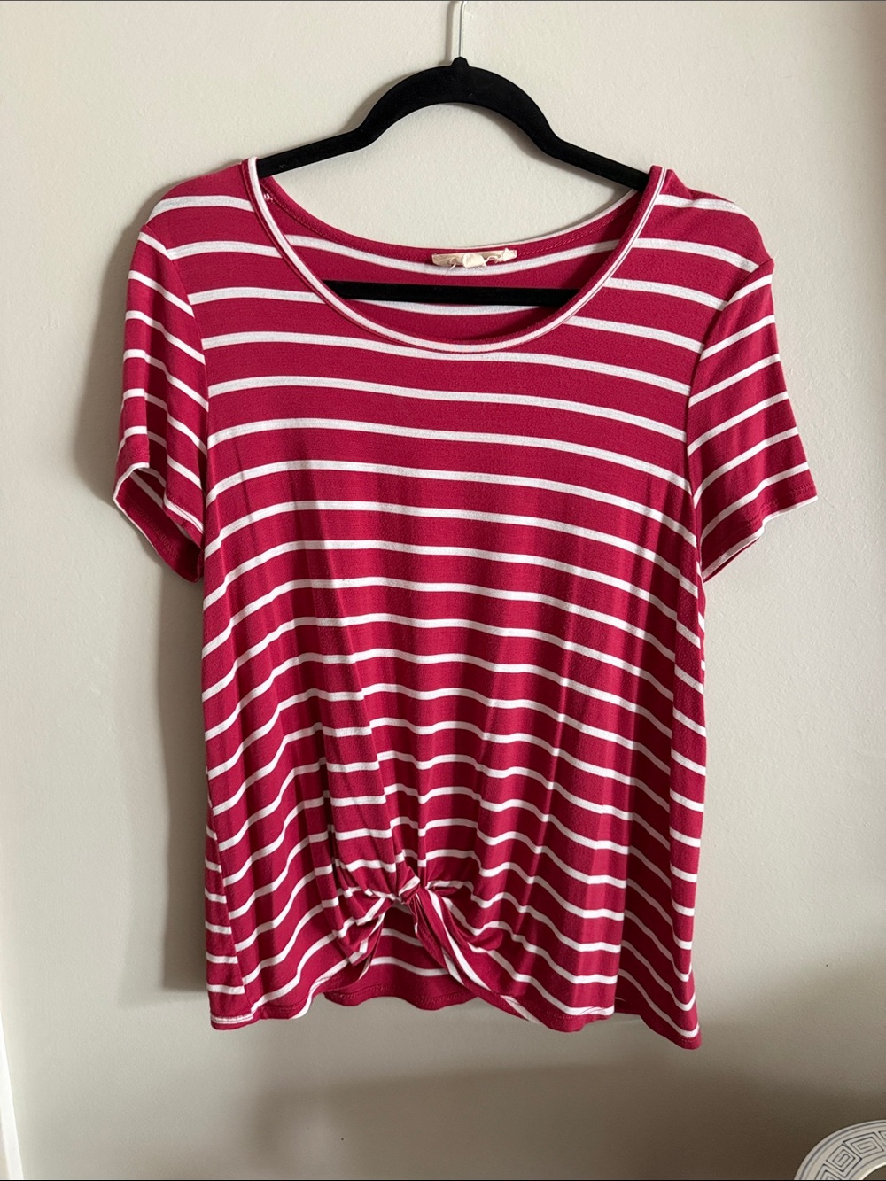 Striped Knot-Front Short Sleeve Tee - Raspberry & White